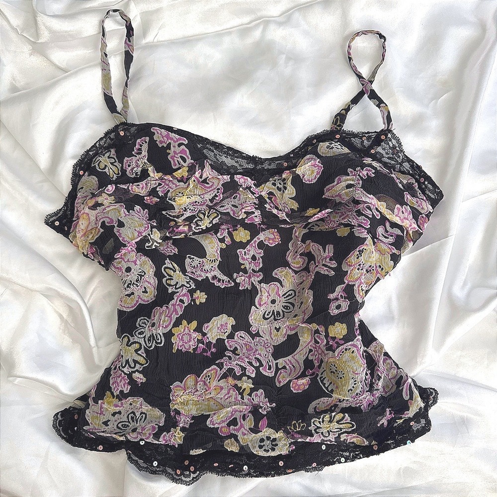 ECI New York 100% Silk Floral Paisley Lace Trim Sequin Camisole Top Black Large